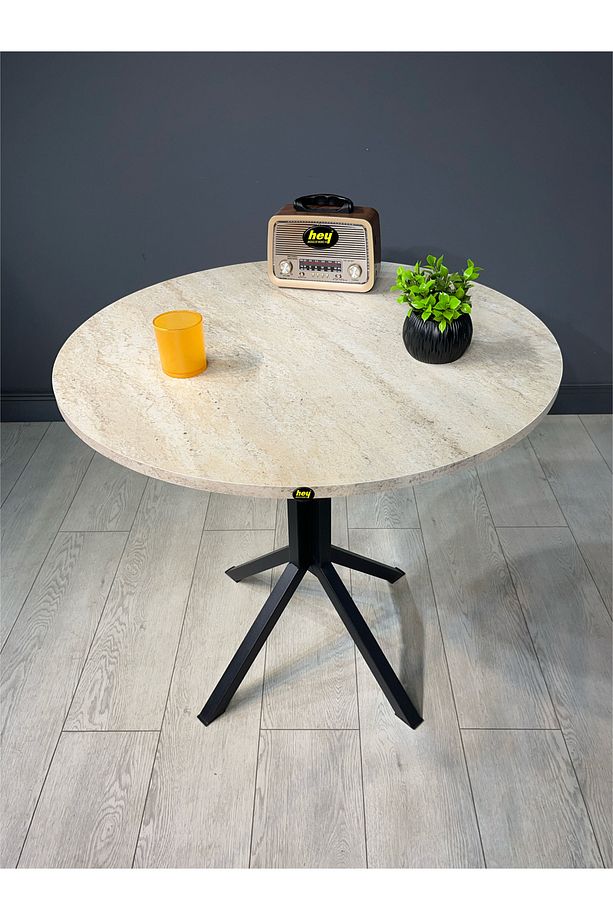 Saray Traverten Yuvarlak Mutfak Yemek Masası Balkon Masası Metal Siyah Ayak 80 Cm - 3