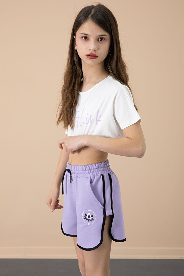 Lilac Side Slit Flower Printed Girl's Shorts with Elastic Waist 20737