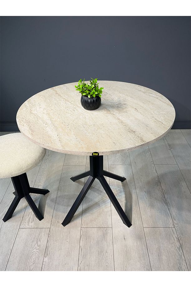 Nisa Traverten Yuvarlak Mutfak Masası Yemek Masası Metal Siyah Ayak 70 Cm - 4