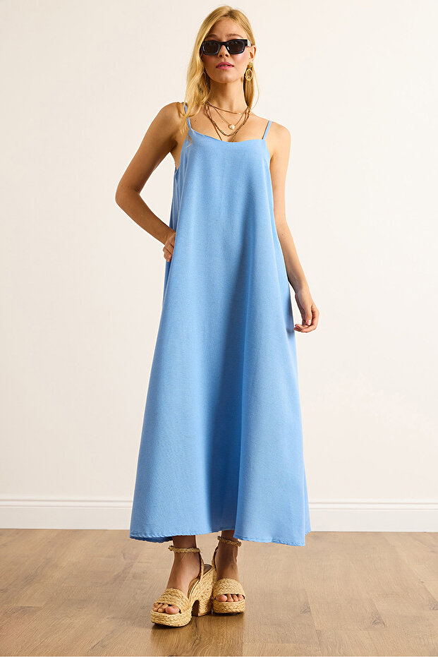 Women's Indigo Strap Adjustable Linen Bell Dress Elb-19002527