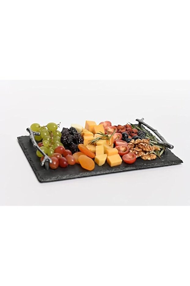 1CHASE Natural Stone Slate Serving Tray With Arborization Handle (Grey), Platter ,Cheese Board,Char - 1