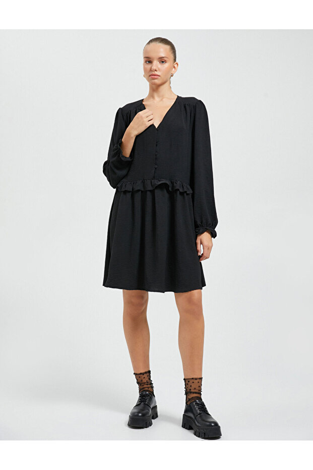 Long Sleeve Midi Dress Ruffle Button Detail V Neck