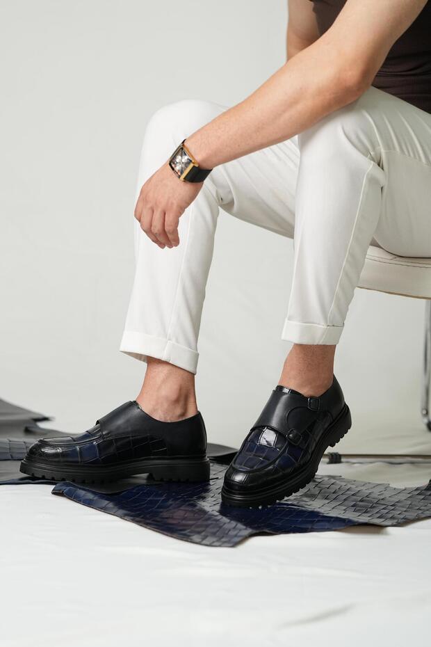 Natali Model Genuine Leather Handmade Men's Navy Blue Crocodile Leather Casual Shoes