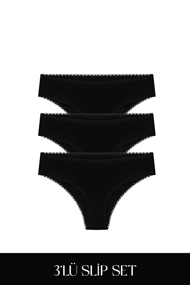 Cotvie Black Cotton Slip Set of 3 Panties