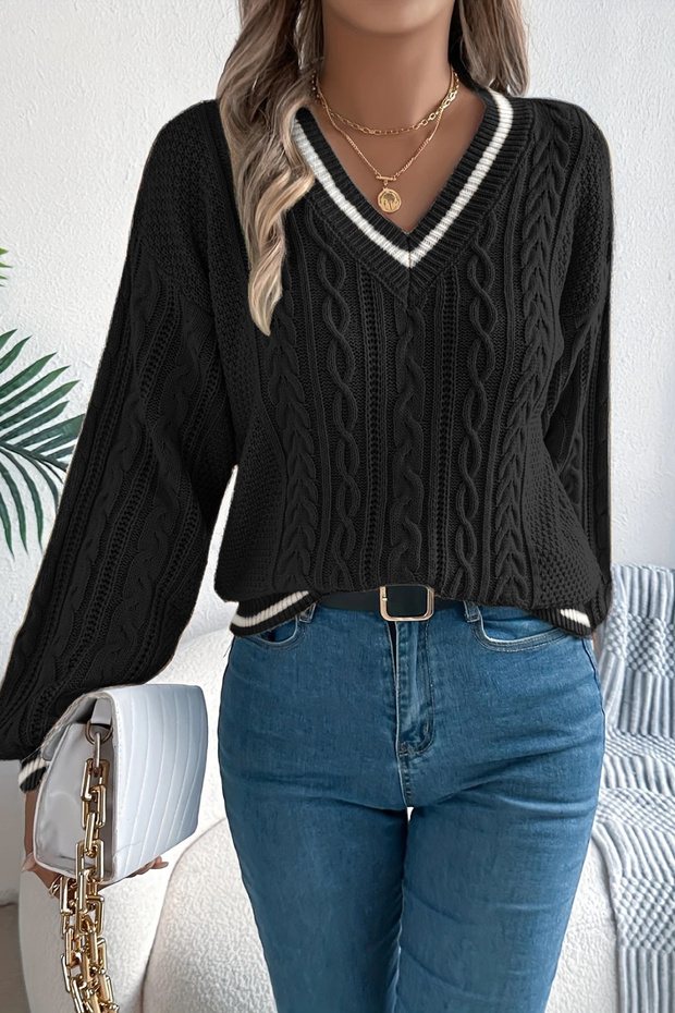 Women's Striped V-Neck Knitted Patterned Sweater Black