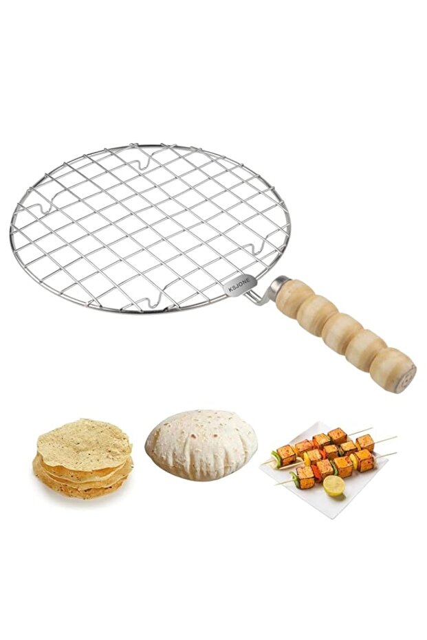 KSJONE Stainless Steel Multi-Functional Wire Steaming Cooling and Baking Barbecue Rack Round Wire Roaster Rack/Papad Jali/Roti Grill Round Shape with Wooden Handle