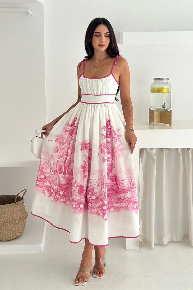 Patterned Linen Dress Pink