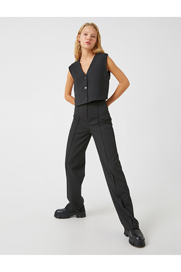 Wide Leg Trousers High Waist Ribbed