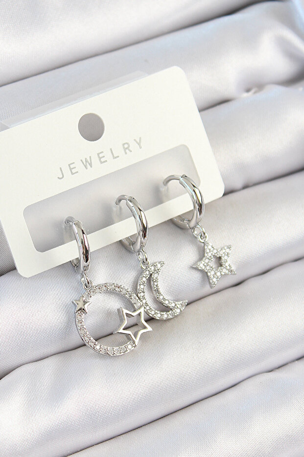 Brass Zircon Stone Moon and Star Model Silver Color 3-Piece Double Women's Earring Set