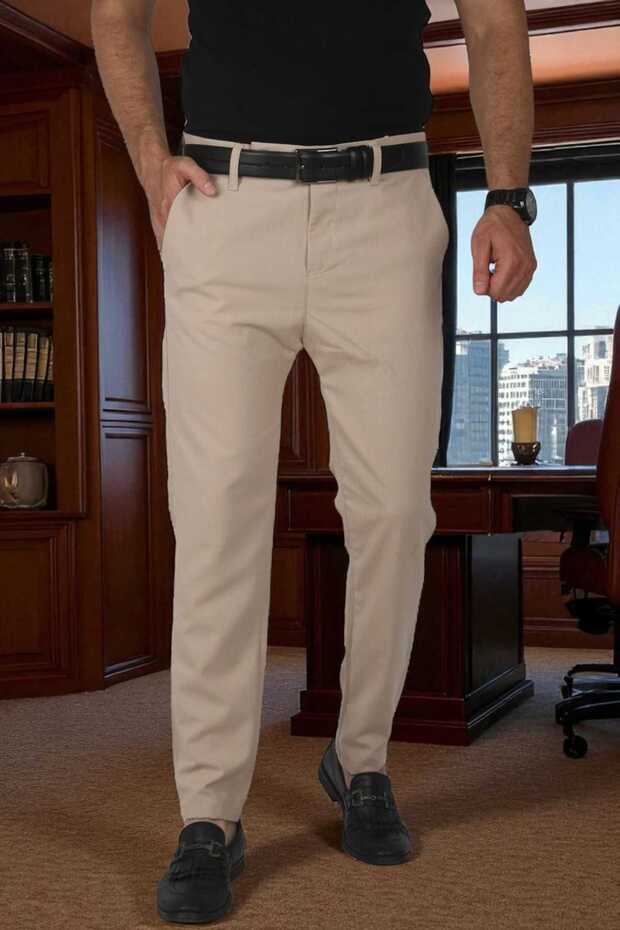 Men's Beige Italian Cut Lycra Sports Trousers Flexible Fabric Ankle Length Pipe Leg Classic Trousers 250200