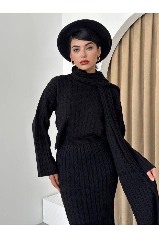 Knitted Detailed 3-Piece Set with Scarf and Skirt, Black