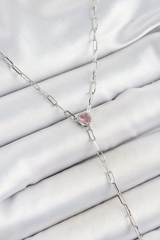 Brass Zircon Stone Pink Heart Figured Y Model Silver Color Women's Necklace Sl12567