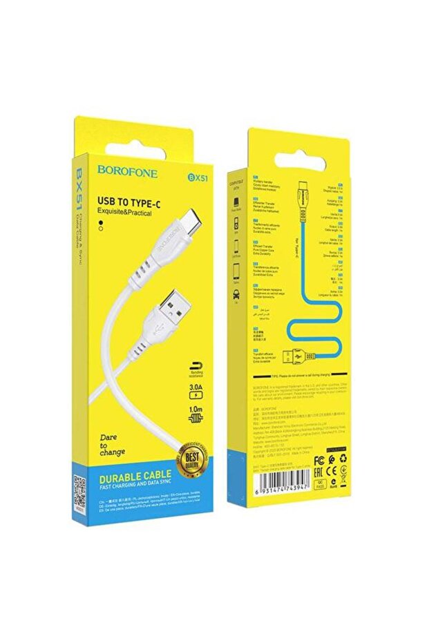 Data Cable BX51, USB - USB Type-C, White - 3