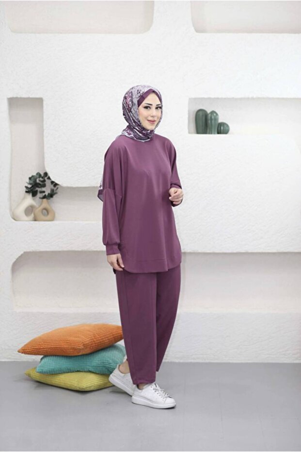 5357 - طقم نسائي فضفاض ومريح من قماش جيرسيه محبوك