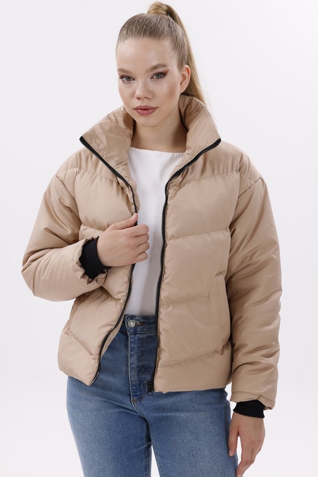 Women's Taupe Padded Puffer Coat - High Neck, Water-Resistant