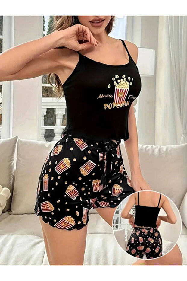 Pop Corn Baskılı Askılı Şortlu Pijama Takımı - 2