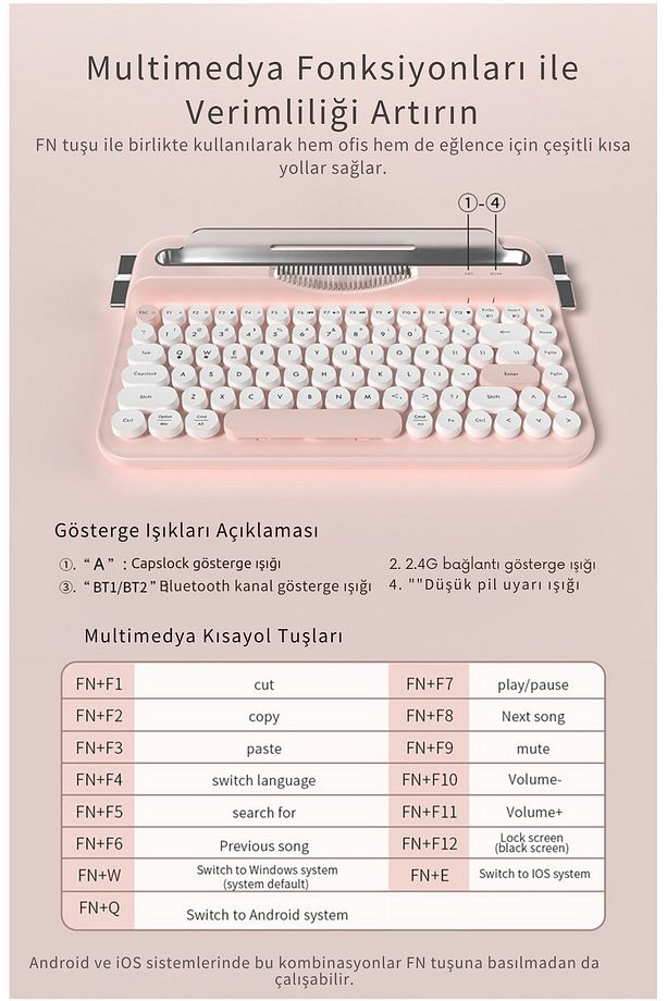 AF-84 Daktilo Tarzı Kablosuz Klavye-Sessiz Tuş Yapısı-Çift Modlu Bağlantı- IOS/ANDROID Uyumlu - 6