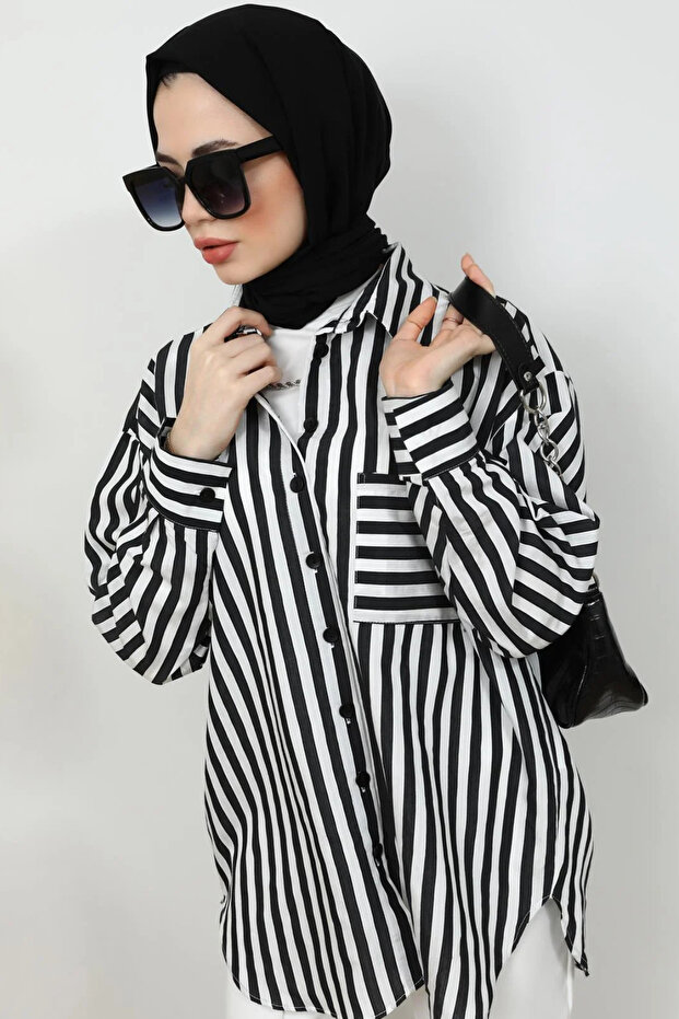 Çizgili Oversize Gömlek - 2