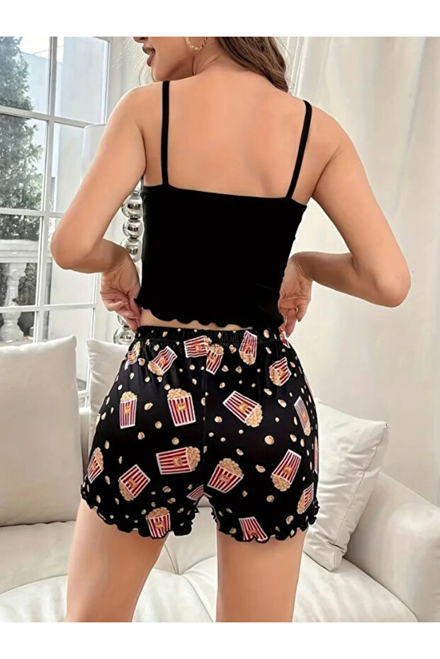 Pop Corn Baskılı Askılı Şortlu Pijama Takımı - 3