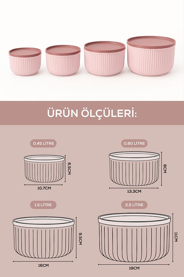 4'lü Yuvarlak Saklama Kabı Seti Pembe | 2.5L 1.5L 0.80L 0.45L | Mikrodalga ve Dondurucu Uyumlu - 7