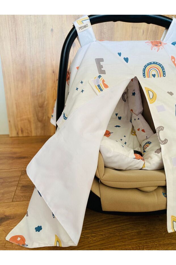 Double Sided Poplin Set of 2 Stroller Cover and Cushion – Text Printed & Plain Use - 3