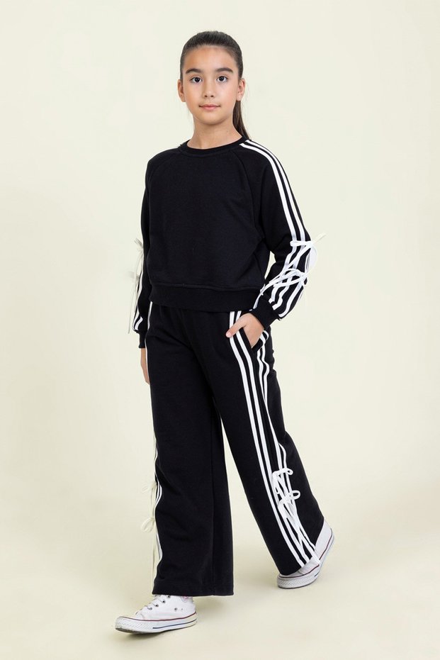 Girls Tracksuit Set Stripe and Lace-Up Detail Sport Suit