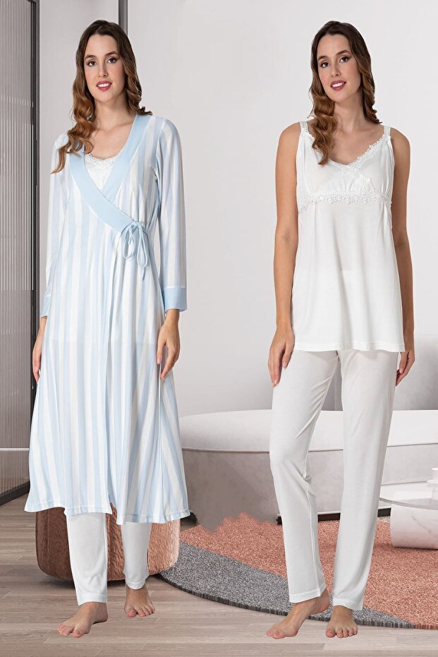 Effortt Blue / Ecru Maternity Pajama Set with Dressing Gown