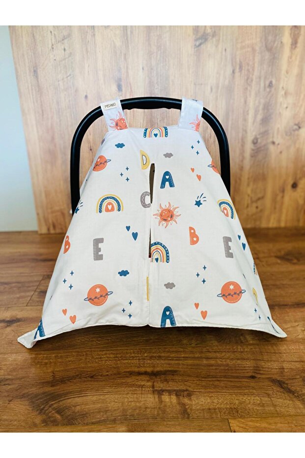 Double Sided Poplin Set of 2 Stroller Cover and Cushion – Text Printed & Plain Use - 4