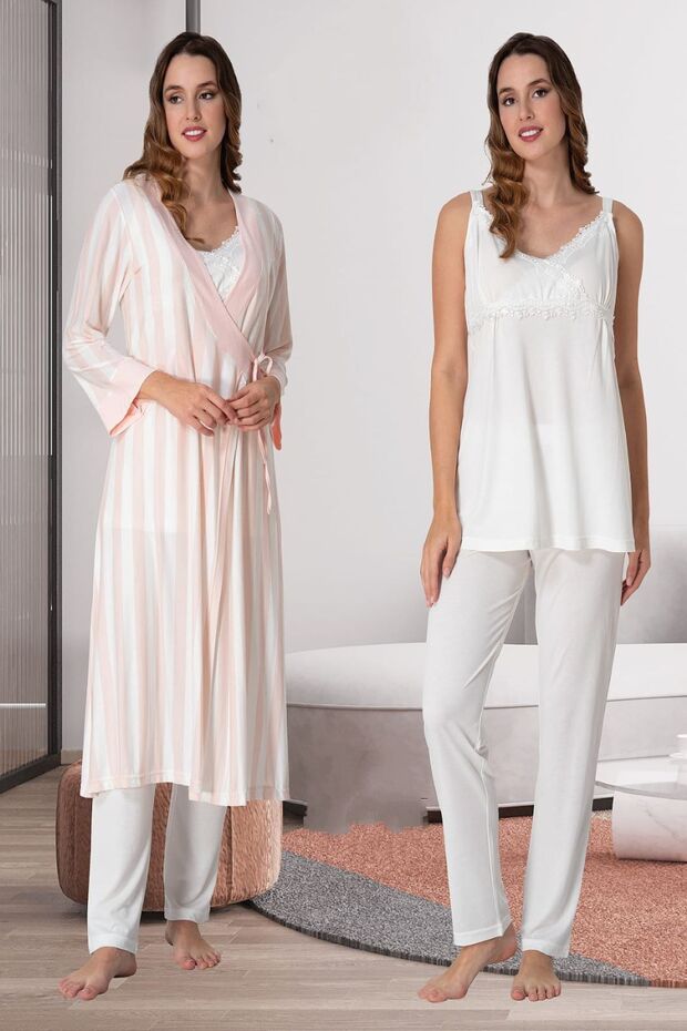 Effortt Powder/Ecru Pregnant Maternity Pajama Set with Dressing Gown
