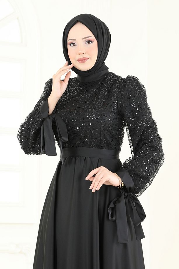 Pul İşlemeli Saten Abiye 5670EDF311-MS Siyah - 4
