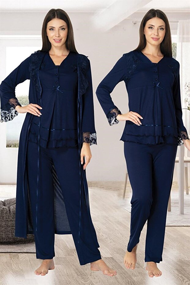Effortt Navy Blue Maternity Pajama Set with Dressing Gown