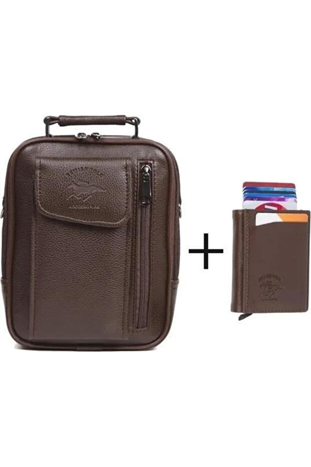 Men's Mechanized Wallet and Leather Steel Case Clamshell Shoulder and Hand Bag (17X22Cm) - Brown