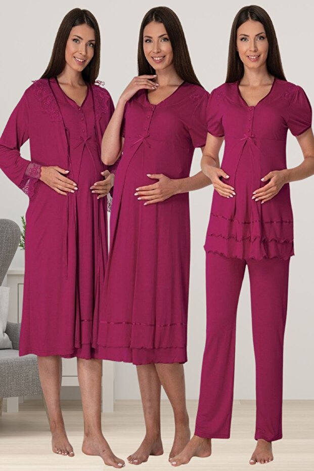 Comfortable Fit Short Sleeve Maternity Set with Breastfeeding Feature Effortt - Cherry