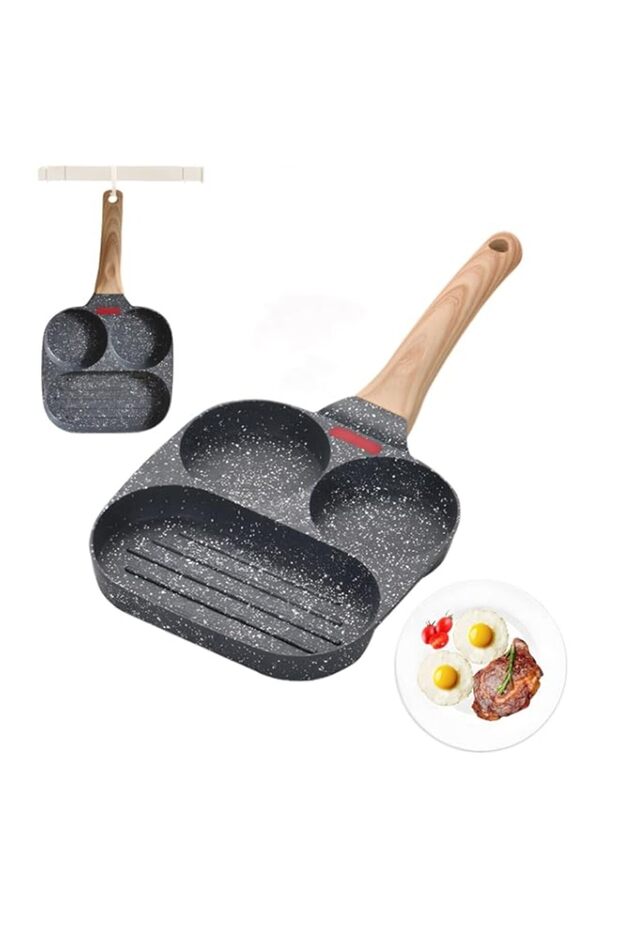 VAODO 3-in-1 Nonstick Omelette Pan, 2-hole Visible Temperature Control Breakfast Pan, 3-Section Squ