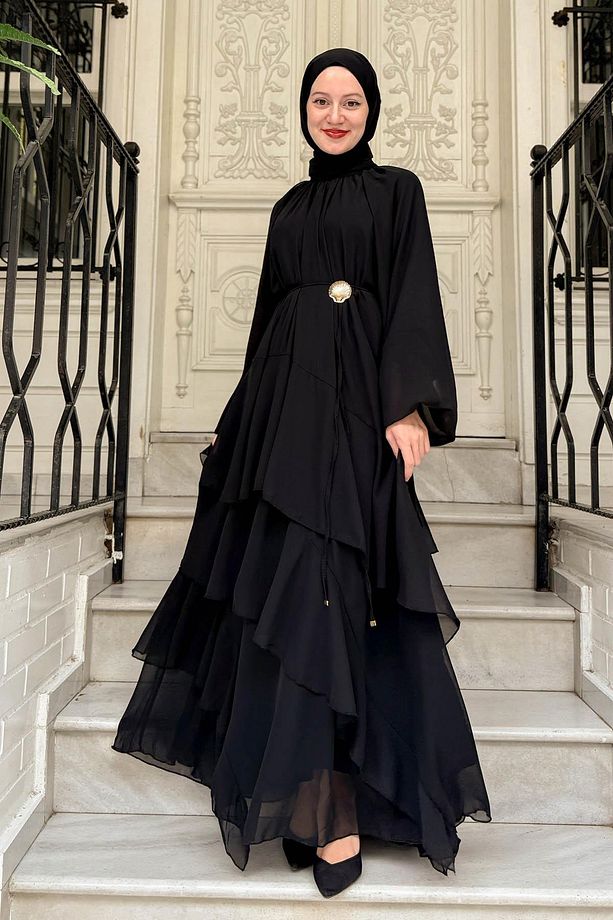 Billie Volanlı Şifon Elbise Siyah - 2