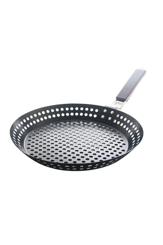 Irovami Non-stick Metal Grilling Skillet with Folding Wooden Handle Grill Skillet Pan with Holes Re