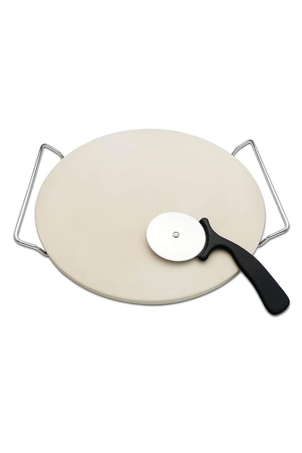 Sulfar Pizza Stone with Serving Rack and Deluxe Wheel Cutter, Baking Set for Oven and Indoor Use