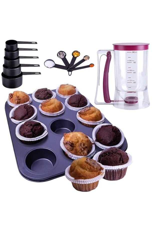 Set of 4 Kitchen Baking Tools Set - 12 Cavity Non-Stick Muffin Tray, Batter Dispenser, Measuring Cups and Spoons Set - Kitchen Utensils Kit for Measuring Baking and Dispensing