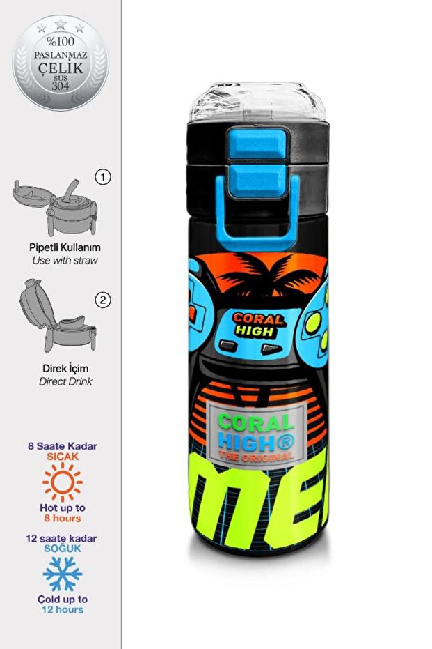 Kids Gray Orange Gamer Patterned Steel Thermos with Straw and Direct Drinking 500 ml 31947