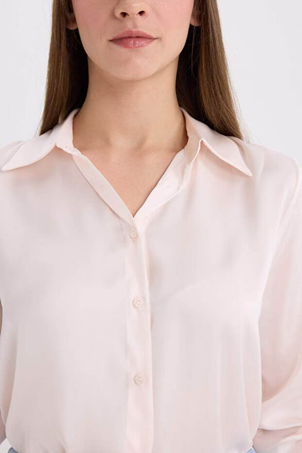 Regular Fit Basic Saten Ekru Kadın Gömlek E1783AX/ER194 - 5