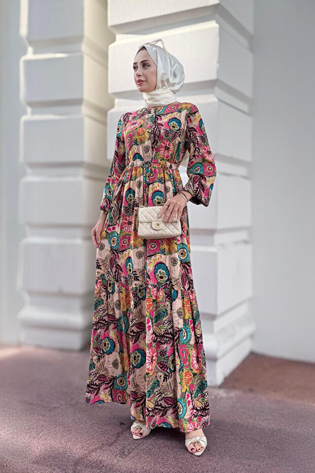 Tunneled Waist Floral Viscose Dress-Pink