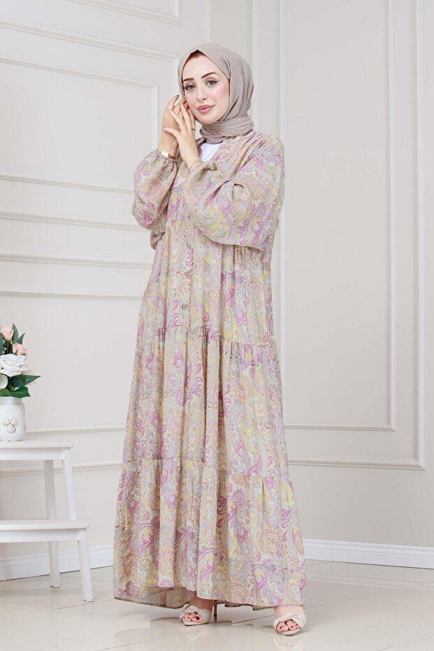 فستان شال بنمط نصف زر - أصفر - 3