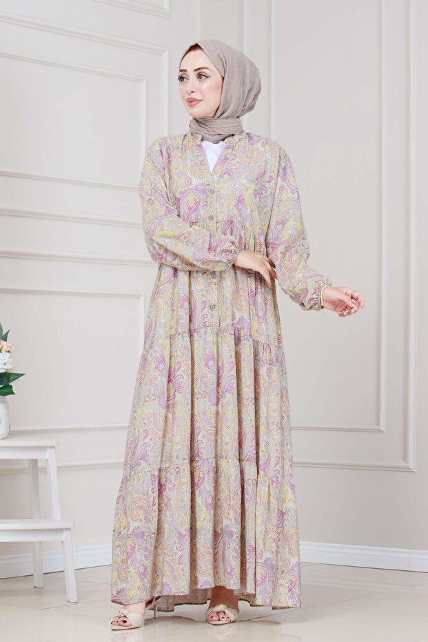 فستان شال بنمط نصف زر - أصفر - 1