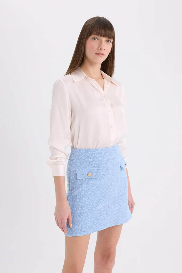 Regular Fit Basic Saten Ekru Kadın Gömlek E1783AX/ER194 - 4