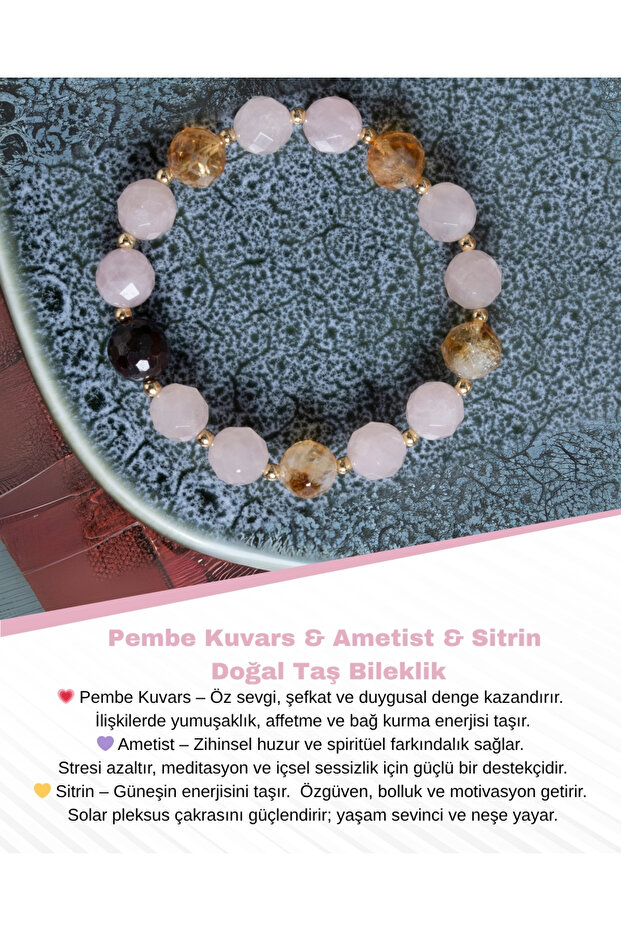 Certified Pink Quartz & Amethyst & Faceted Citrine Bracelet