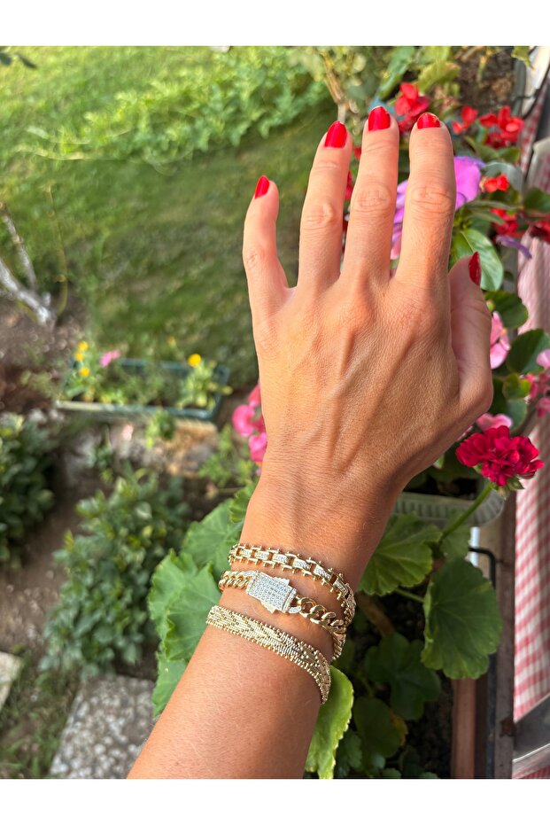 1Nolu Altın Kaplama V Desen Hasır Model Bileklik Kararmaz 14K Rengindedir 20cm - 2