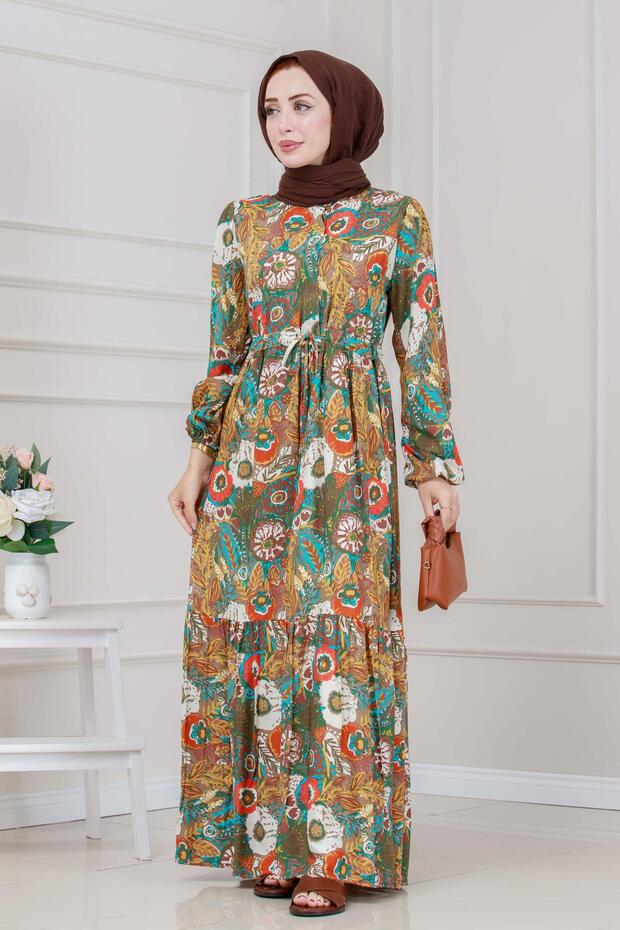 Floral Viscon Dress with Tunnel at the Waist-Brown