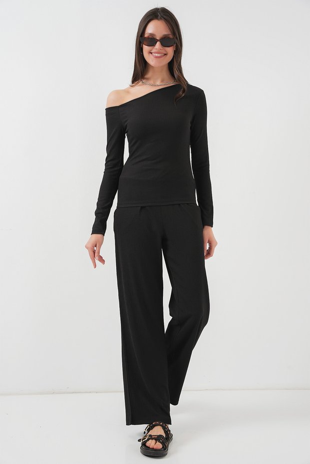 Women's Off Shoulder Blouse Pants Double Suit Black 1098
