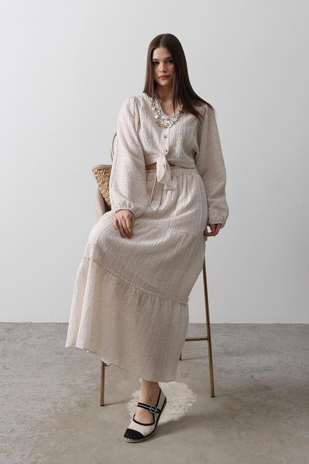 Balloon Sleeve Skirt Eyebrow Suit - Natural