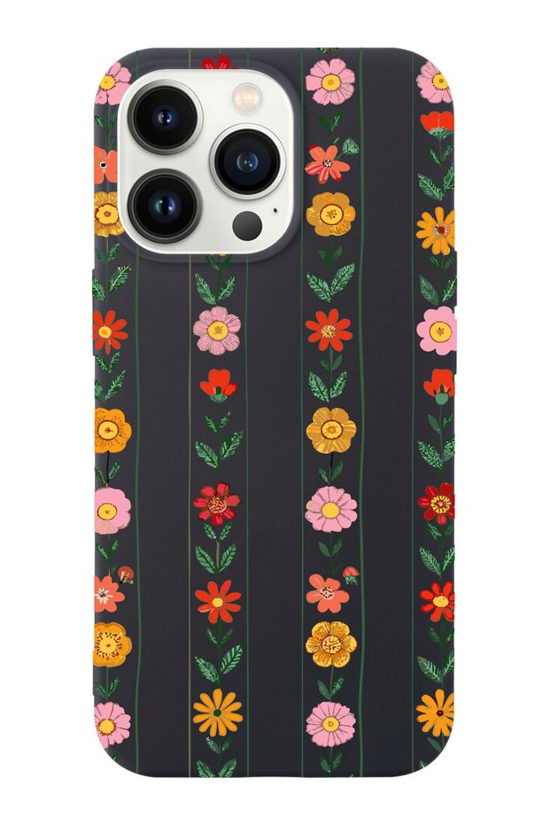 iPhone 14 Pro Compatible Sequential Flowers Patterned Suede Inside Launch Protective Phone Case